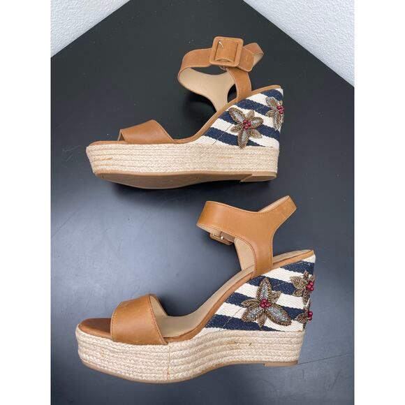 Antonio Melani Leather Beaded Berry Leaves Espadrille Wedge Sandals 10M Tan - Picture 5 of 11